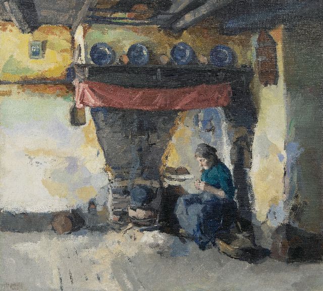 Beever E.S. van | Aardappelschillende vrouw bij de haard, olieverf op doek 42,4 x 47,4 cm, gesigneerd l.o. en zonder lijst