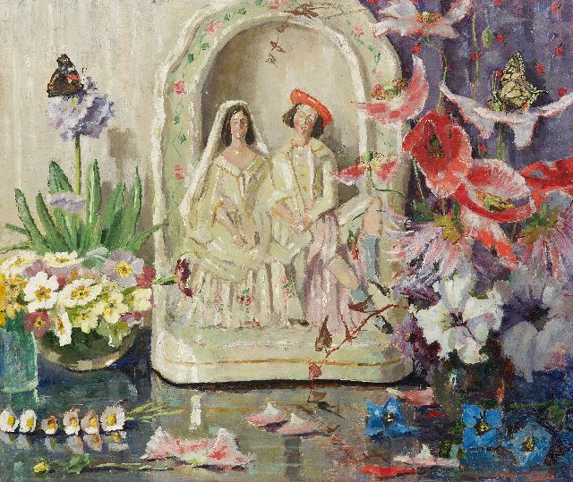 Dam van Isselt L. van | Stilleven met bloemen, vlinders en porseleinen huwelijksbeeldje, olieverf op paneel 45,2 x 53,2 cm, gesigneerd r.o.