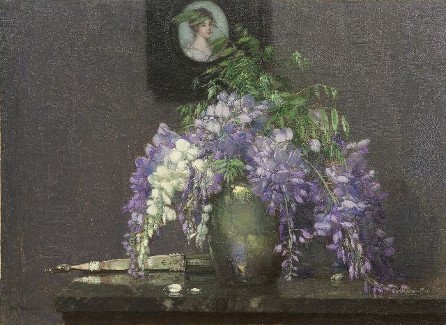 Bogaerts J.J.M.  | Stilleven met wisteria en miniatuurportretje, olieverf op doek 40,3 x 55,1 cm, gesigneerd l.o. en gedateerd 1917