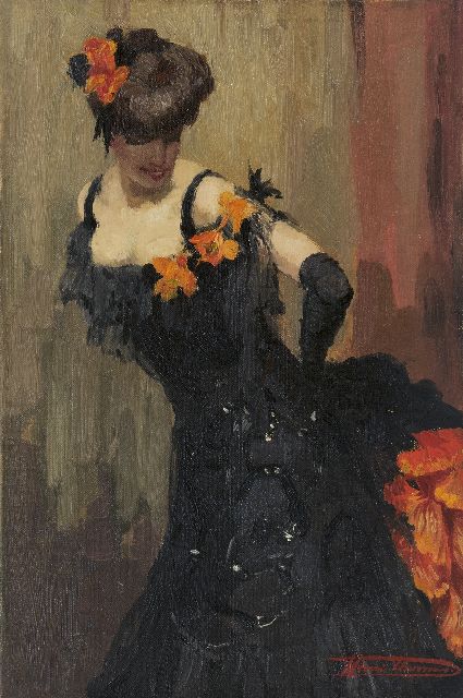 Henri Thomas | Danseres in zwarte jurk, olieverf op doek, 45,3 x 30,3 cm, gesigneerd r.o.