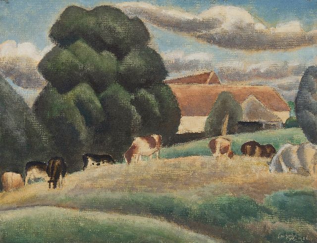 Gestel L.  | Boerderij met vee bij Drongen aan de Leie, Vlaanderen, aquarel en gouache op papier 47,6 x 61,7 cm, gesigneerd r.o. en gedateerd 'YC' 1926