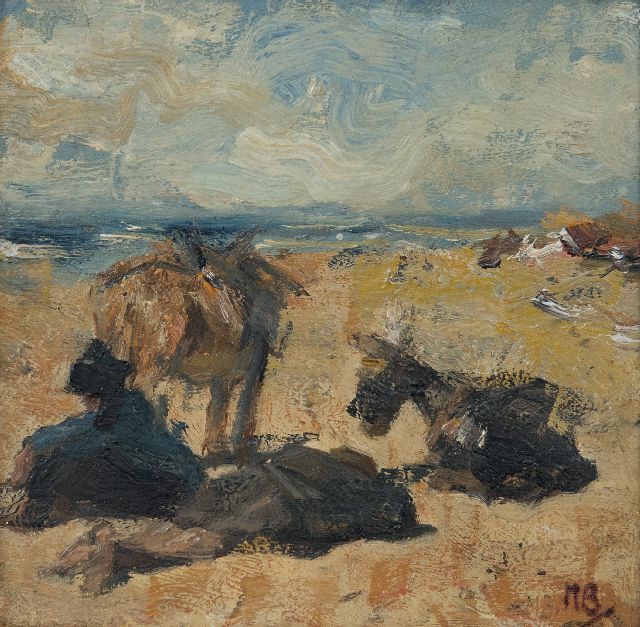 Bauer M.A.J.  | Rustende ezels en ezeldrijver op het strand, olieverf op paneel 18,5 x 18,6 cm, gesigneerd r.o. met initialen