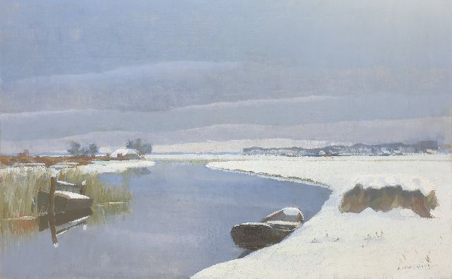 Smorenberg D.  | Winter bij Loosdrechtmet roeiboot en viskare, olieverf op doek 46,1 x 73,5 cm, gesigneerd r.o.