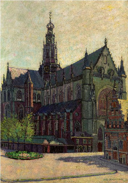 Schuhmacher W.G.C.  | De Grote of St. Bavokerk in Haarlem, olieverf op doek 82,5 x 57,4 cm, gesigneerd r.o. en gedateerd 1915