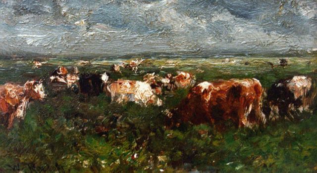 Willem Roelofs | Landschap met koeien, olieverf op paneel, 7,5 x 12,4 cm, gesigneerd l.o.