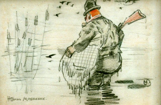Moerkerk H.A.J.M.  | De jager in het water, kleurpotlood op papier 15,5 x 19,0 cm, gesigneerd l.o.