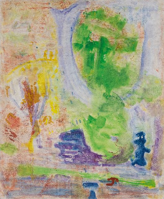 Job Hansen | Kastanjeboom en dame, benzinerel op paneel, 60,7 x 50,6 cm, gesigneerd verso en gedateerd 1 Mei 1950