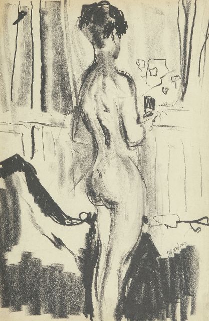George Martens | Naakt, op de rug gezien, in atelier, zwart krijt op papier, 48,0 x 32,5 cm, gesigneerd r.m. en te dateren ca. 1931