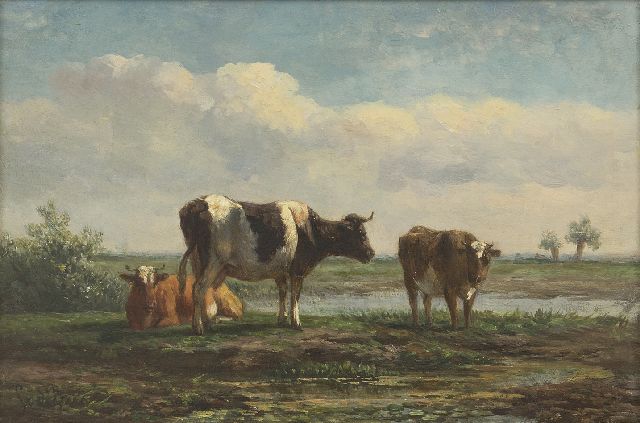 Berg S. van den | Polderlandschap met rustend vee, olieverf op paneel 17,6 x 26,0 cm, gesigneerd l.o.