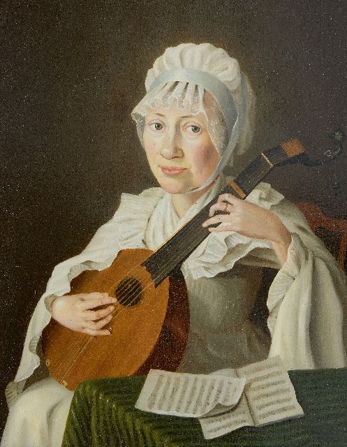 Hollandse School, 18e eeuw   | Luitspelende vrouw, olieverf op paneel 28,7 x 24,5 cm