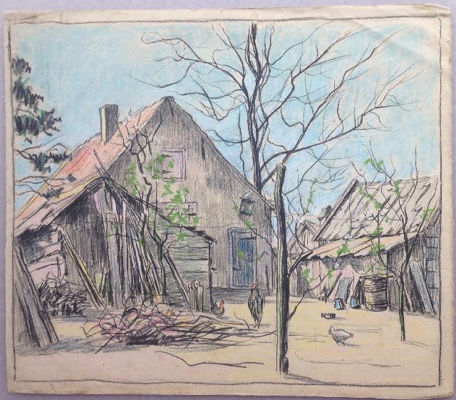 Pijpers E.E.  | Boerenerf in de winter, krijt op papier 31,7 x 36,4 cm