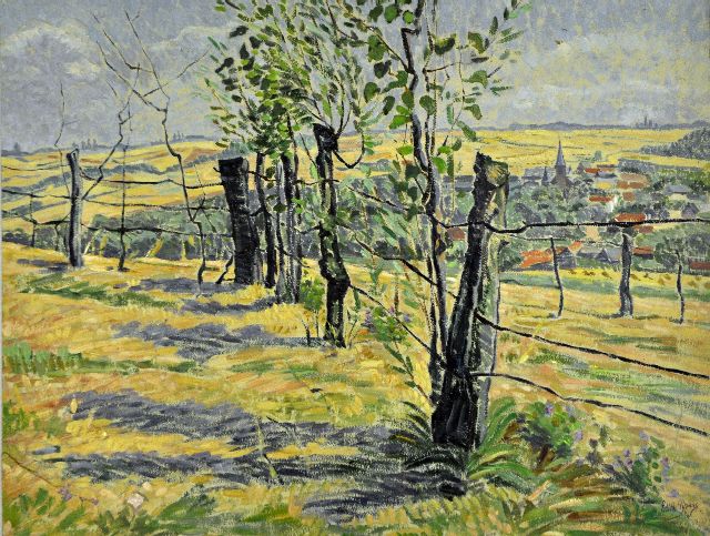 Edith Pijpers | Heuvellandschap met dorpje in de verte, olieverf op papier, 37,1 x 48,5 cm, gesigneerd r.o.