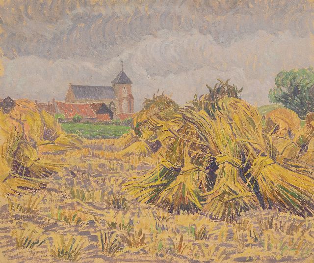 Pijpers E.E.  | Dorpskerkje tussen veld met korenschoven, olieverf op papier 38,1 x 48,5 cm