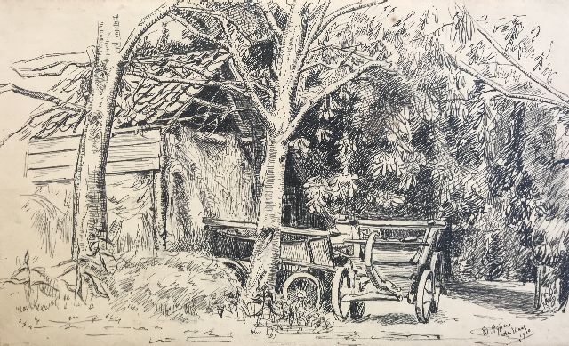 Edith Pijpers | Paardenkarren op boerenerf, pen op papier, 14,6 x 24,0 cm, gesigneerd r.o. en gedateerd 'Den Haag' 1910