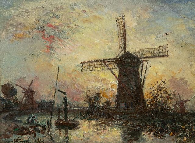 Johan Barthold Jongkind | Moulins au bord d'un canal, Hollande, olieverf op doek, 24,6 x 33,0 cm, gesigneerd l.o. en gedateerd 1869