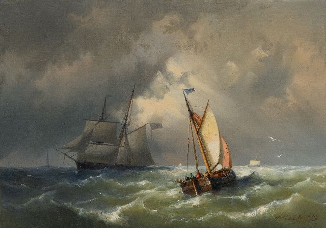Hermanus Koekkoek jr. | Laverende zeilschepen op ruwe zee, olieverf op doek, 25,3 x 35,3 cm, gesigneerd r.o. en gedateerd 1860