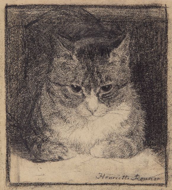 Ronner-Knip H.  | Portret van een kat, houtskool op papier 25,2 x 23,5 cm, gesigneerd r.o.
