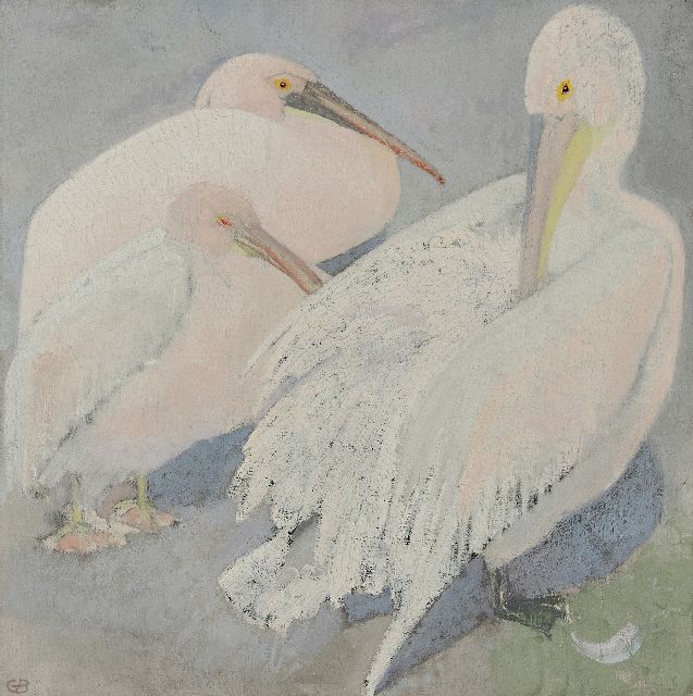 Greta Bruigom | Drie pelikanen, olieverf op doek, 60,3 x 60,1 cm, gesigneerd l.o. met monogram