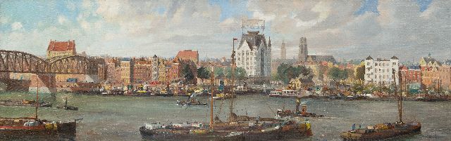 Welther H.  | Panorama van Rotterdam met het Witte Huis en links de Oude Spoorbrug, olieverf op doek 40,1 x 125,1 cm, gesigneerd r.o.