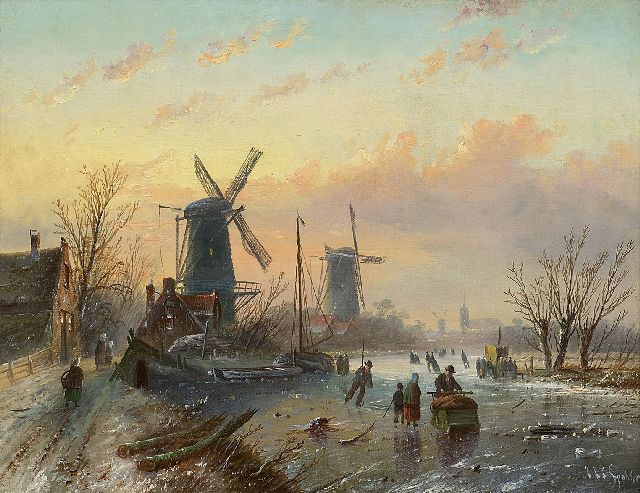Jacob Jan Coenraad Spohler | Schaatspret op een bevroren rivier bij molens, olieverf op doek, 35,2 x 45,3 cm, gesigneerd r.o.