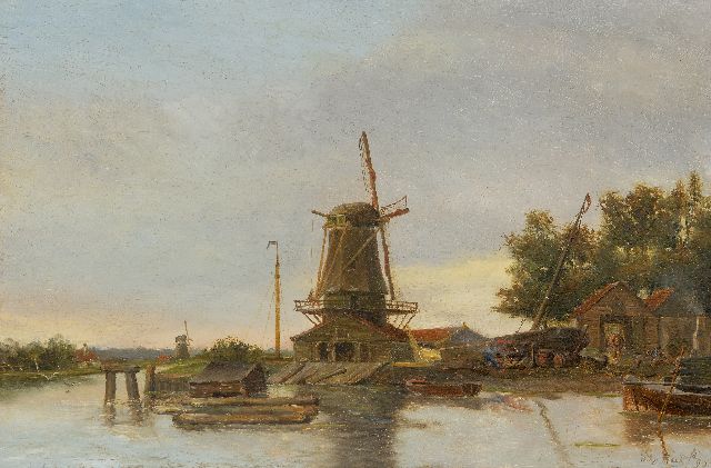 Bernard van Beek | Houtzaagmolen en werfje aan het water, olieverf op paneel, 38,2 x 57,9 cm, gesigneerd r.o. en gedateerd '95