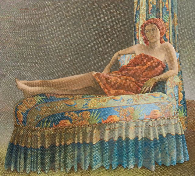 Verhoog A.  | Emilie Verhoog rustend na het bad, olieverf op doek 90,2 x 100,2 cm, gesigneerd l.b. en gedateerd 1990/91