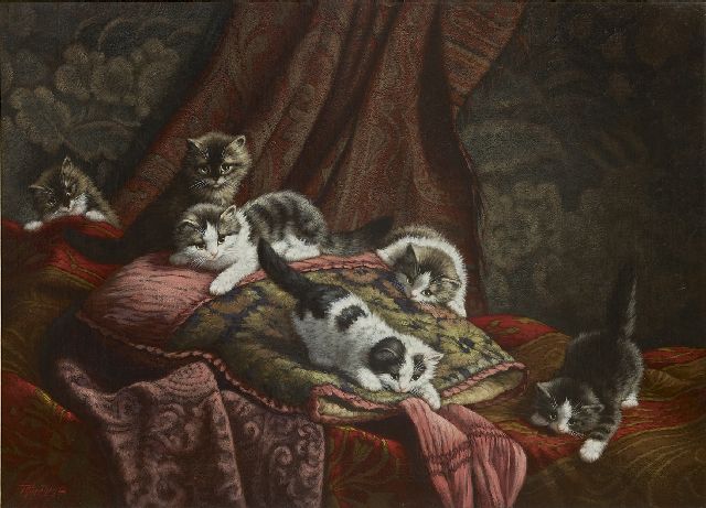 Raaphorst C.  | Zes kittens spelend in een interieur, olieverf op doek 60,1 x 80,3 cm, gesigneerd l.o.