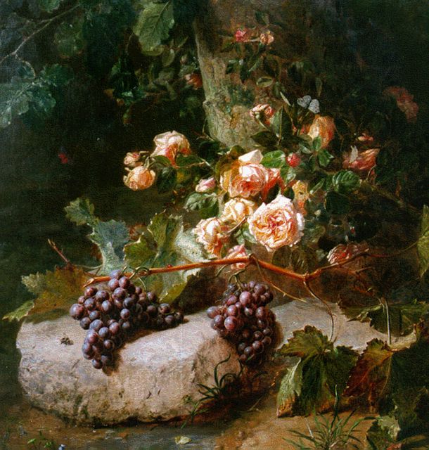 Haanen A.J.  | Stilleven met rozen en druiven, olieverf op doek 102,0 x 88,3 cm, gesigneerd r.o.