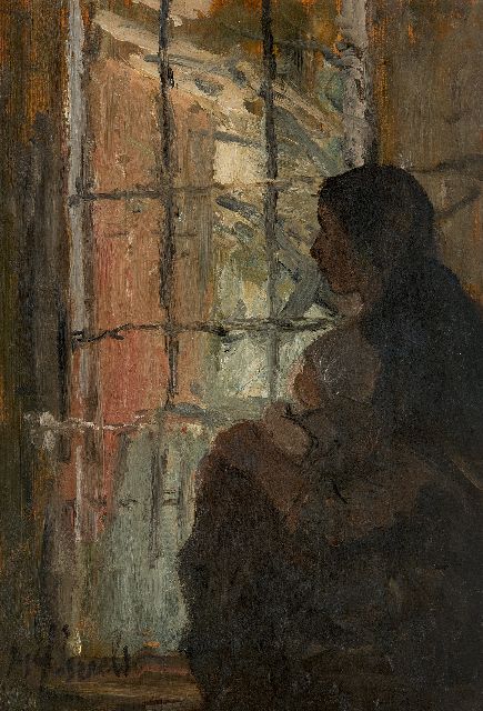 Israëls J.  | Moeder en kind bij het raam, olieverf op paneel 38,6 x 27,1 cm, gesigneerd l.o.