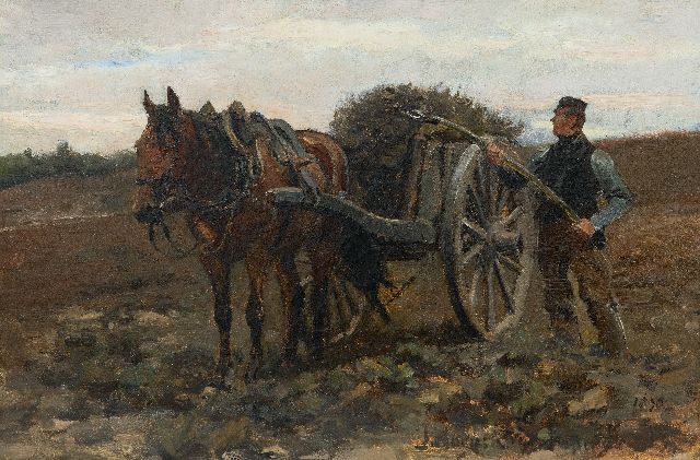 Hoynck van Papendrecht J.  | Boer met paard en kar op het veld, olieverf op doek 32,6 x 48,9 cm, gesigneerd r.o. en op etiket op spieraam en gedateerd 1890