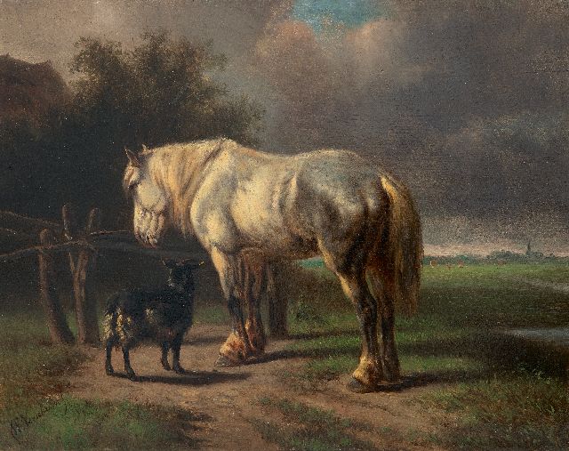 Verschuur W.  | Paard en bokje bij een hek, olieverf op paneel 23,0 x 29,2 cm, gesigneerd l.o.