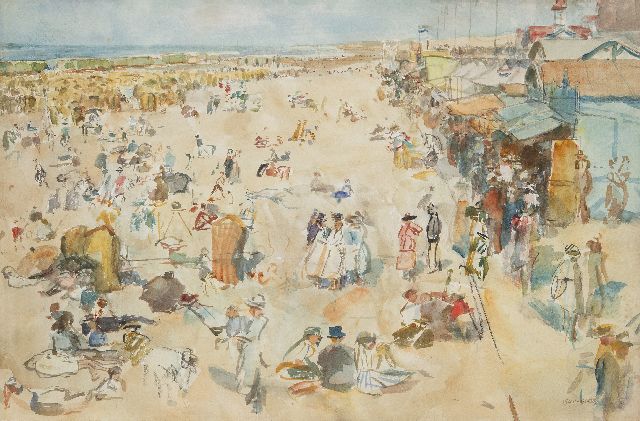 Israels I.L.  | Een drukke dag op het strand van Scheveningen, aquarel op papier 33,7 x 50,5 cm, gesigneerd r.o. en te dateren ca. 1920