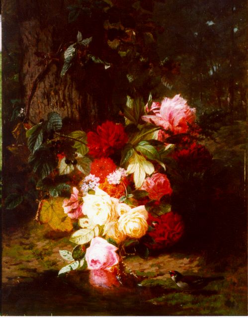 Robie J.B.  | Stilleven met rozen op de bosgrond, olieverf op paneel 84,2 x 63,8 cm, gesigneerd l.o.