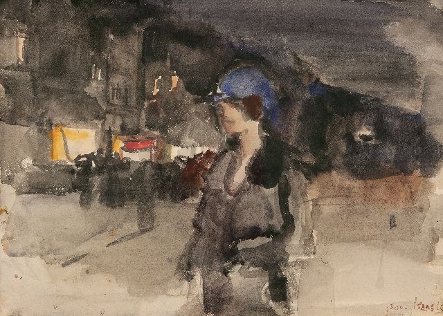 Israels I.L.  | Vrouw met blauwe hoed in Amsterdamse winkelstraat, bij avond, aquarel op papier 25,5 x 35,4 cm, gesigneerd r.o.