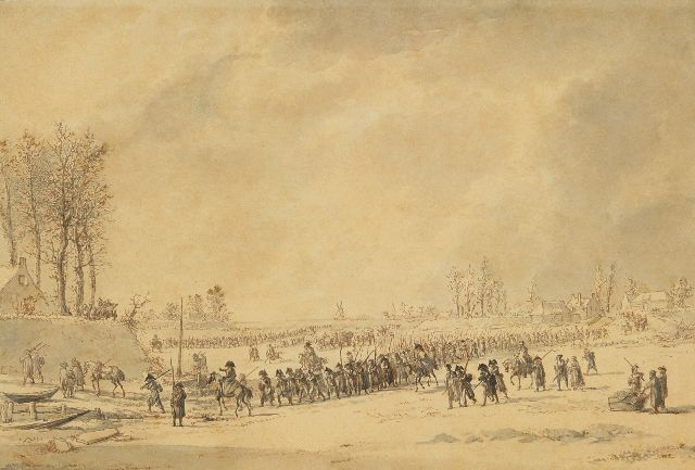 Dirk Langendijk | Het oversteken van de Waal door de Franse troepen op 10 januari 1795, inkt op papier, 16,1 x 23,8 cm