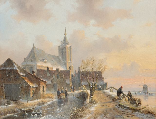 Leickert C.H.J.  | Besneeuwd  dorpsgezicht met figuren op het ijs, olieverf op paneel 37,5 x 49,7 cm, gesigneerd r.o. en te dateren ca. 1845