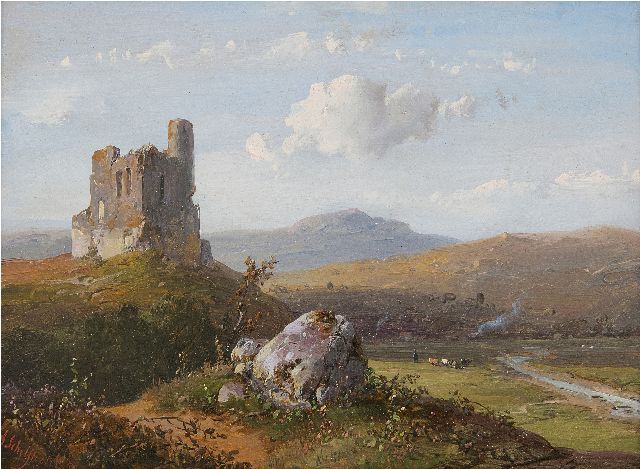 Schelfhout A.  | Panoramisch heuvellandschap met ruïne, olieverf op paneel 14,8 x 21,1 cm, gesigneerd l.o. en gedateerd '50