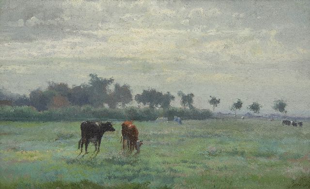 Anton Mauve | Koeien in een weiland, olieverf op papier op paneel, 24,7 x 40,1 cm, gesigneerd r.o. met initialen en te dateren ca. 1870