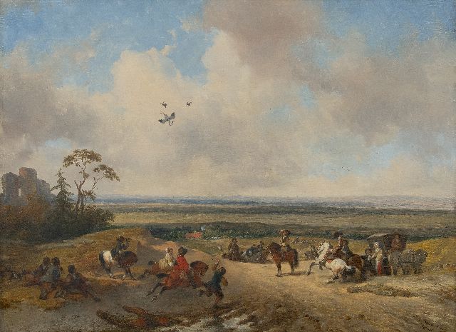 Moerenhout J.J.  | De valkenjacht, olieverf op doek 51,8 x 70,0 cm, gesigneerd r.o. en gedateerd 1865