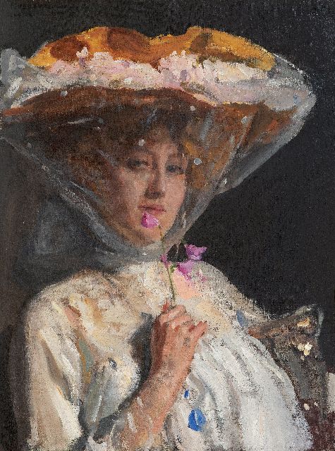 Oppenheimer J.  | Vrouw met lathyrusbloem, olieverf op doek 68,8 x 51,3 cm, gesigneerd l.b. en gedateerd 'London' 1904