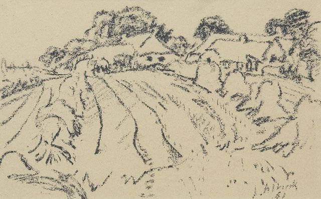 Jan Altink | Akkerland met boerderijen, zwart krijt op papier, 31,1 x 48,3 cm, gesigneerd r.o. en gedateerd '61