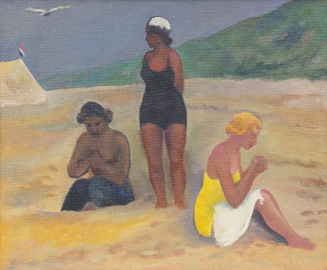 Kleima E.A.  | 3 dames aan het strand, Schiermonnikoog, olieverf op doek 50,4 x 60,5 cm, gesigneerd met initialen op spieraam en gedateerd op spieraam 1939