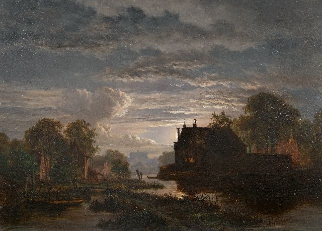 Jacob Abels | Maanverlicht rivierlandschap bij een stad, olieverf op paneel, 28,8 x 39,1 cm