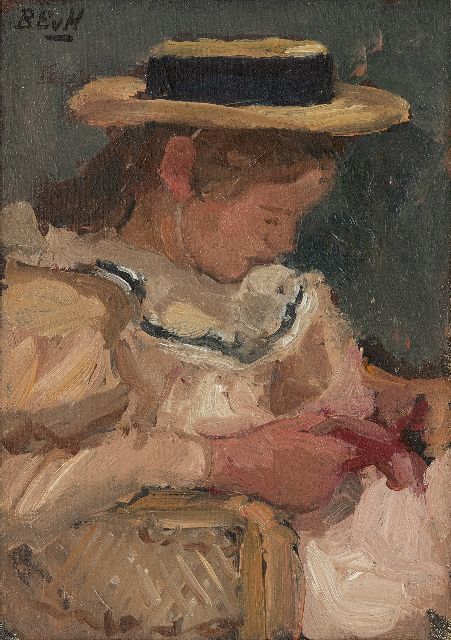 Houten B.E. van | Lezend meisje in rieten stoel, olieverf op doek 28,2 x 20,2 cm, gesigneerd l.b. met initialen