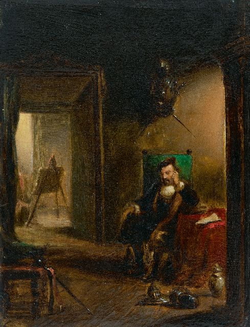 Hendricus Johannes Scheeres | Schilder rustend in zijn atelier, olieverf op paneel, 17,9 x 13,7 cm