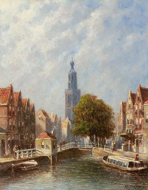 Petrus Gerardus Vertin | Zomers stadsgezicht met de toren van de Goudse Sint-Janskerk, olieverf op paneel, 20,2 x 16,0 cm, gesigneerd r.o. en gedateerd '93