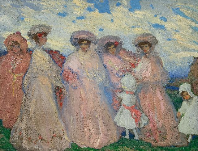 Ramos Martinez A.  | Elegante vrouwen in een landschap, olieverf op paneel 41,5 x 52,5 cm, gesigneerd l.o. en te dateren ca. 1905