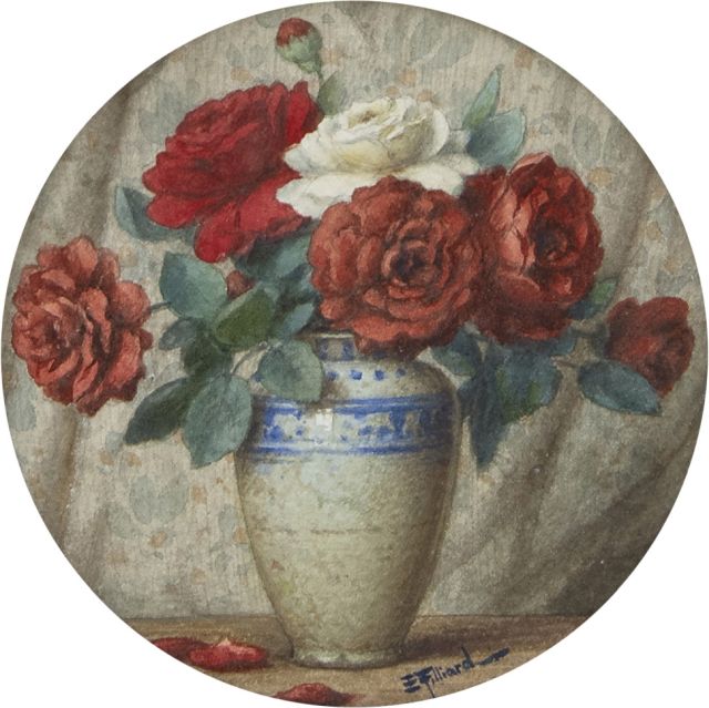 Filliard E.  | Stilleven met rozen, aquarel op papier 14,2 x 14,2 cm, gesigneerd r.o.