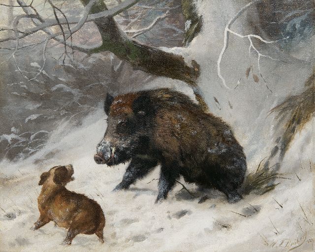 Deiker C.F.  | Jachthond met wild zwijn, olieverf op doek 40,2 x 49,8 cm, gesigneerd r.o. en gedateerd 1888