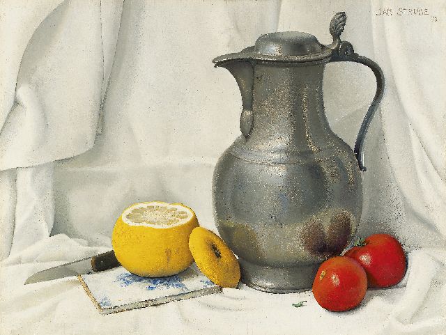 Strube J.H.  | Stilleven met tinnen kan, citroen en tomaten, olieverf op paneel 31,1 x 40,8 cm, gesigneerd r.b. en gedateerd '53